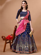 Lorenvalley Fashion Blue & Pink Semi-Stitched Lehenga & Unstitched Blouse With Dupatta | Grocsy