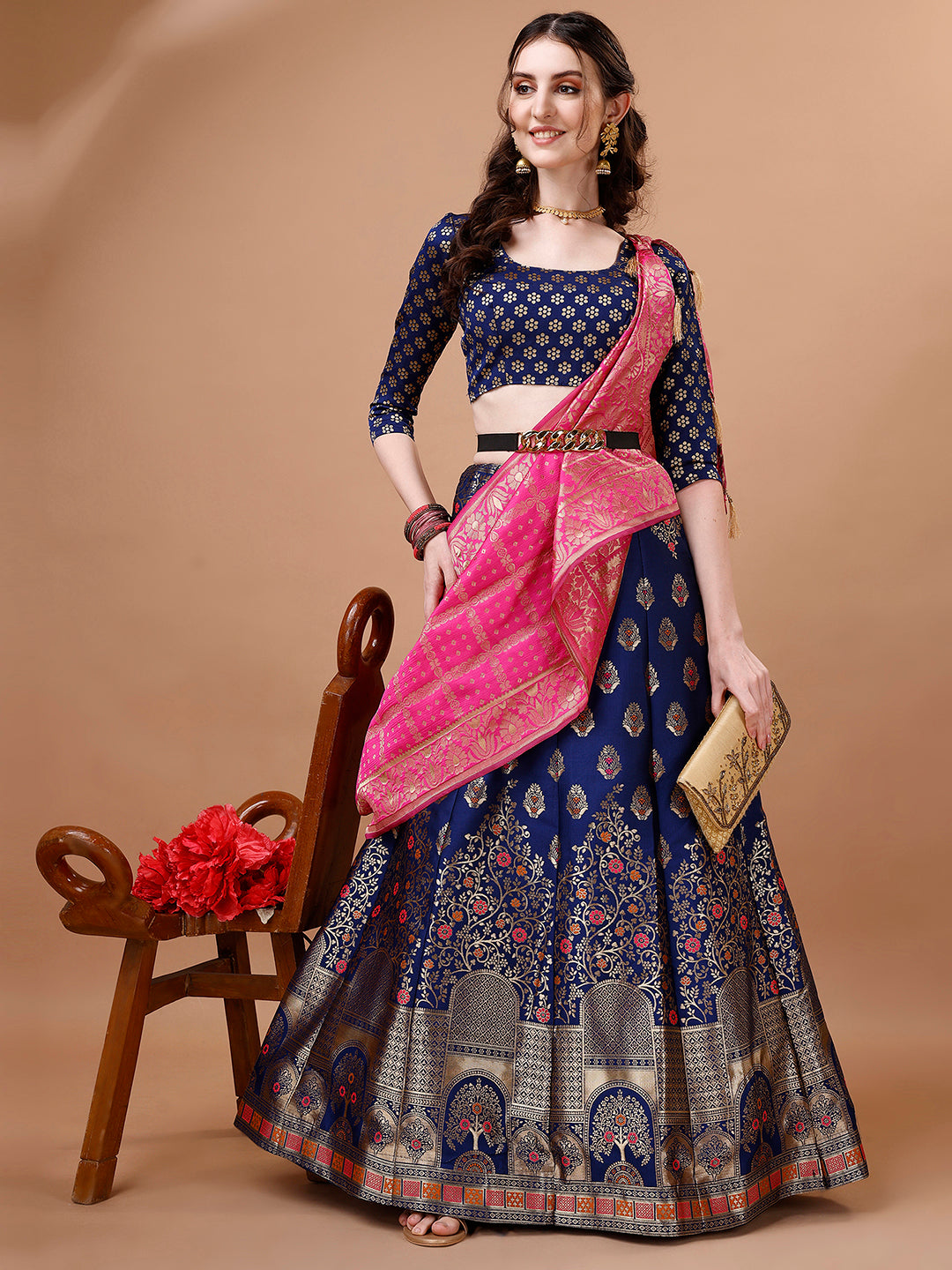 Lorenvalley Fashion Blue & Pink Semi-Stitched Lehenga & Unstitched Blouse With Dupatta | Grocsy