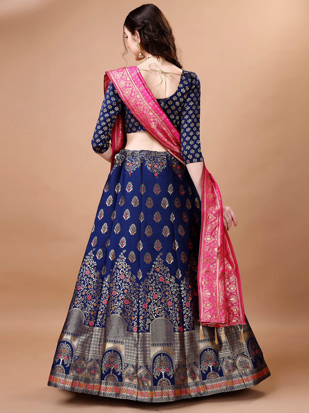 Lorenvalley Fashion Blue & Pink Semi-Stitched Lehenga & Unstitched Blouse With Dupatta | Grocsy