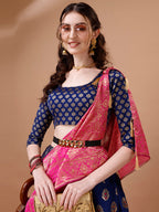 Lorenvalley Fashion Blue & Pink Semi-Stitched Lehenga & Unstitched Blouse With Dupatta | Grocsy