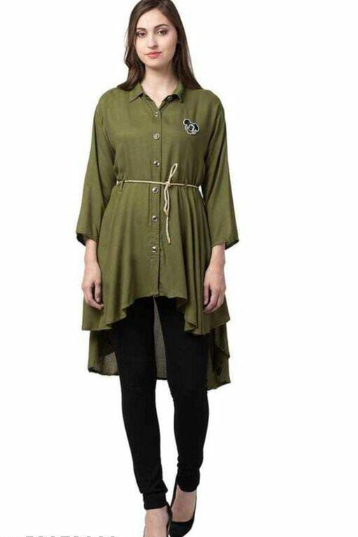 PAVONINE Mehandi Green Color High-Low Midi For Girls | Grocsy