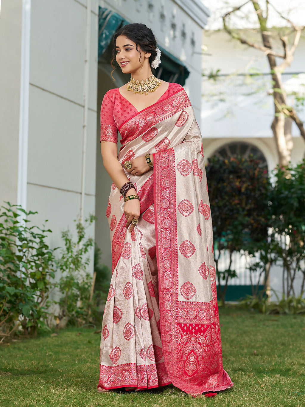 Shree Shyam Fashion Cream With Red Silk Blend Saree | Grocsy