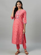 Sangria Women Pink & Grey Screen Print Kurta with Trousers | Grocsy