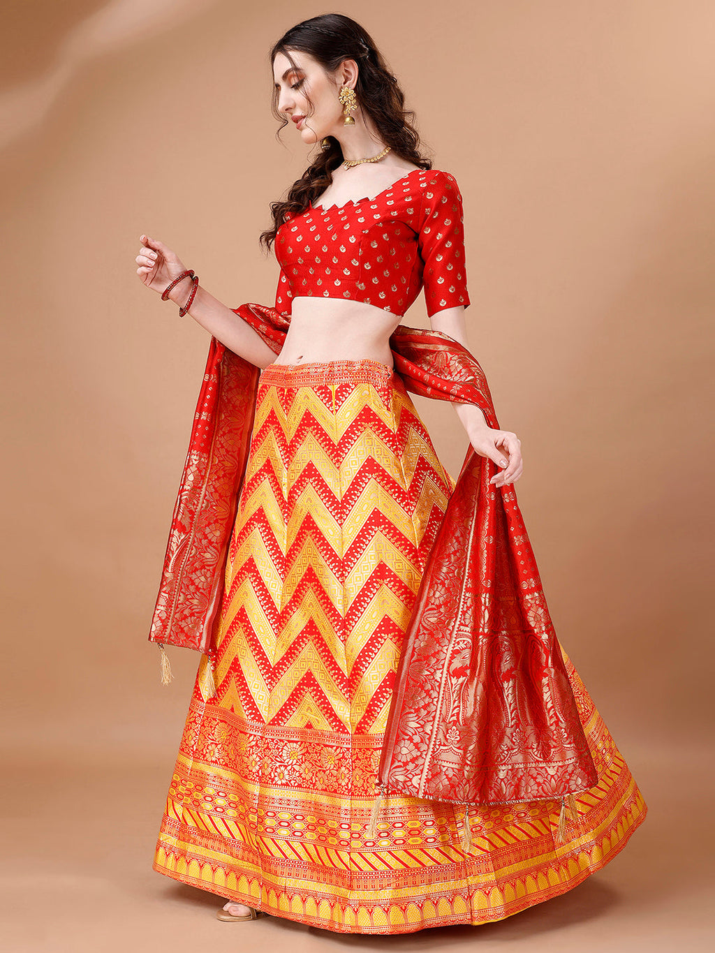 Lorenvalley Fashion Yellow & Red Semi-Stitched Lehenga & Unstitched Blouse With Dupatta | Grocsy