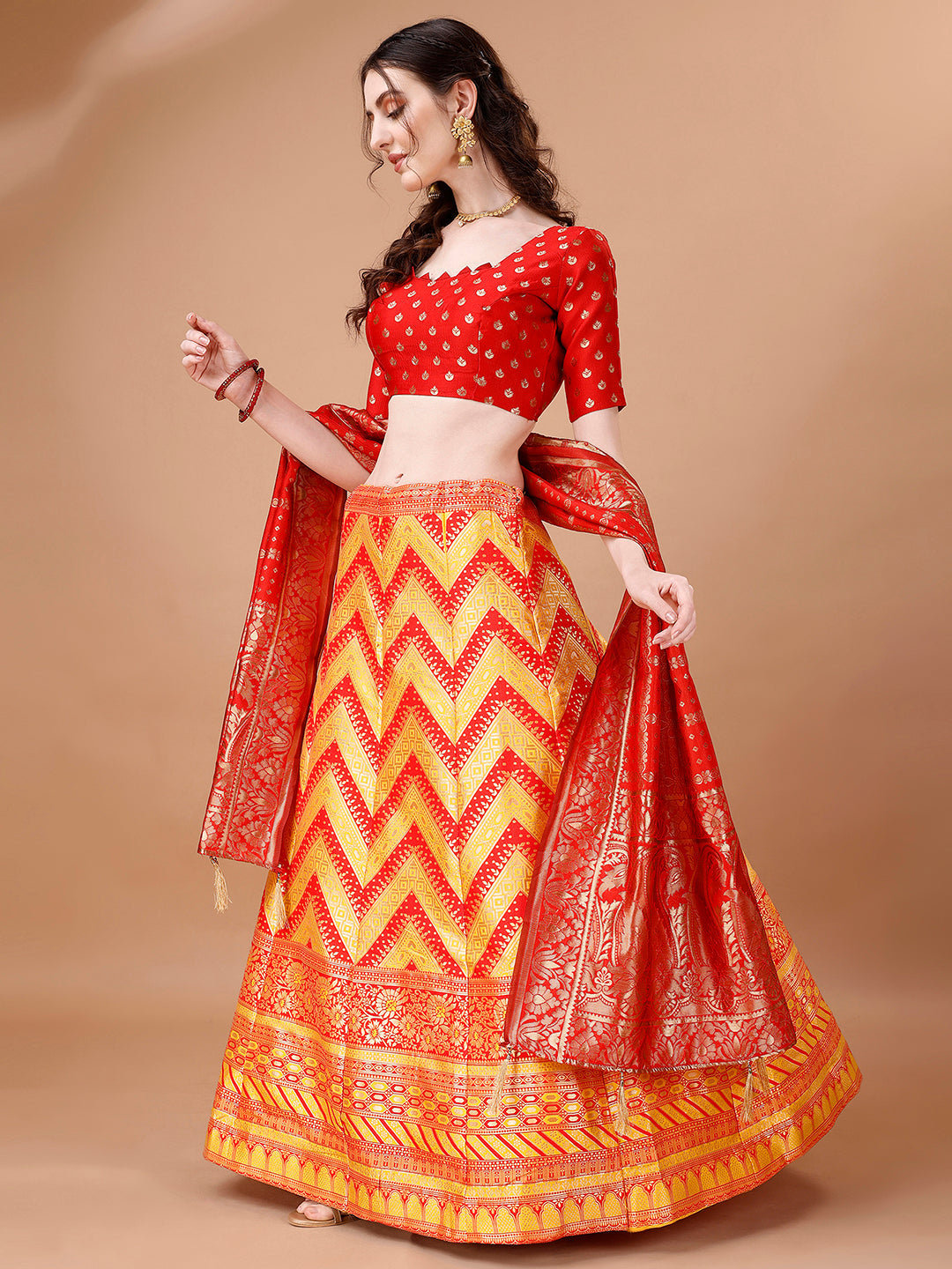 Lorenvalley Fashion Yellow & Red Semi-Stitched Lehenga & Unstitched Blouse With Dupatta | Grocsy