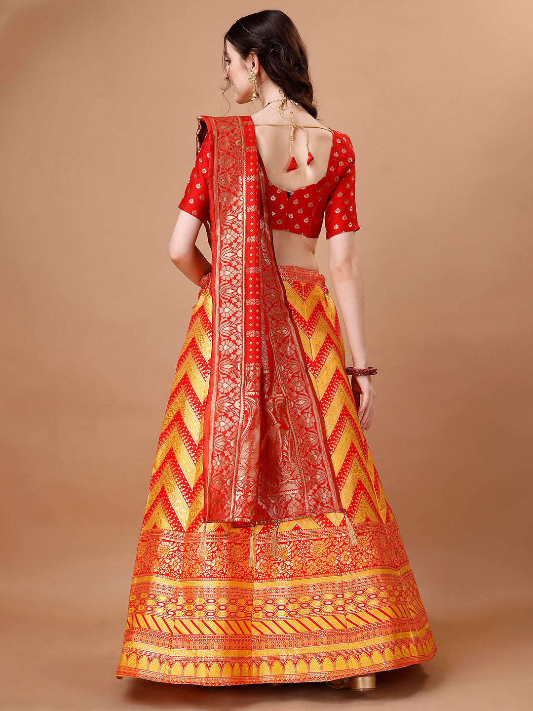 Lorenvalley Fashion Yellow & Red Semi-Stitched Lehenga & Unstitched Blouse With Dupatta | Grocsy