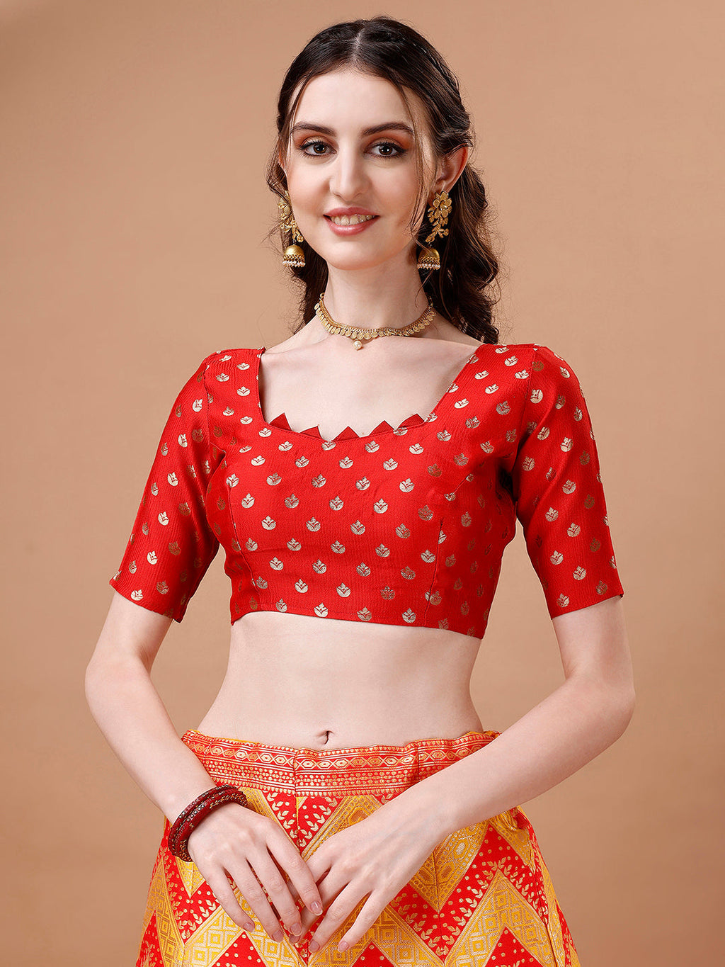 Lorenvalley Fashion Yellow & Red Semi-Stitched Lehenga & Unstitched Blouse With Dupatta | Grocsy