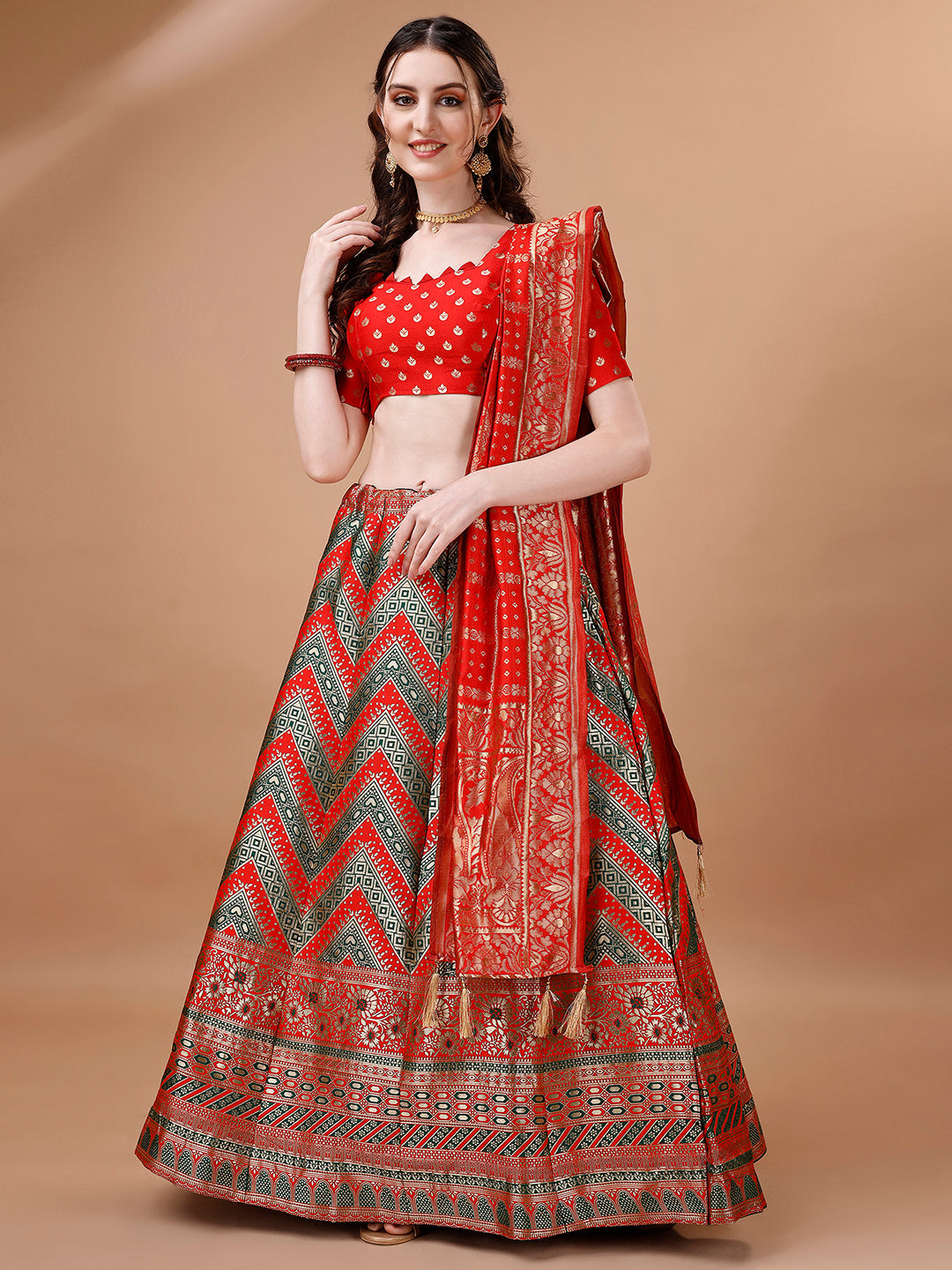 Lorenvalley Fashion Green & Red Semi-Stitched Lehenga & Unstitched Blouse With Dupatta | Grocsy