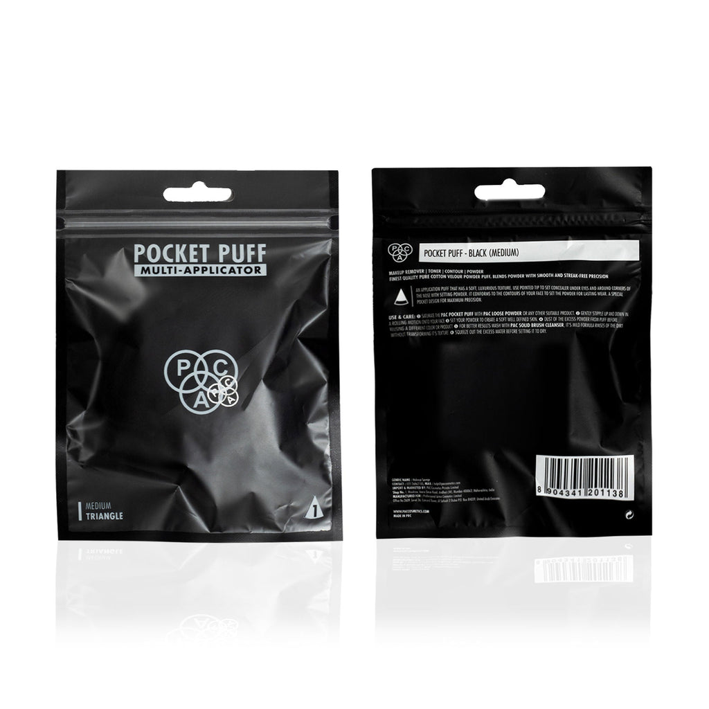 PAC Studio Pocket Puff Black - Medium Size, 99% Soft Natural Cotton, Less Product Wastage, Even Application | Grocsy