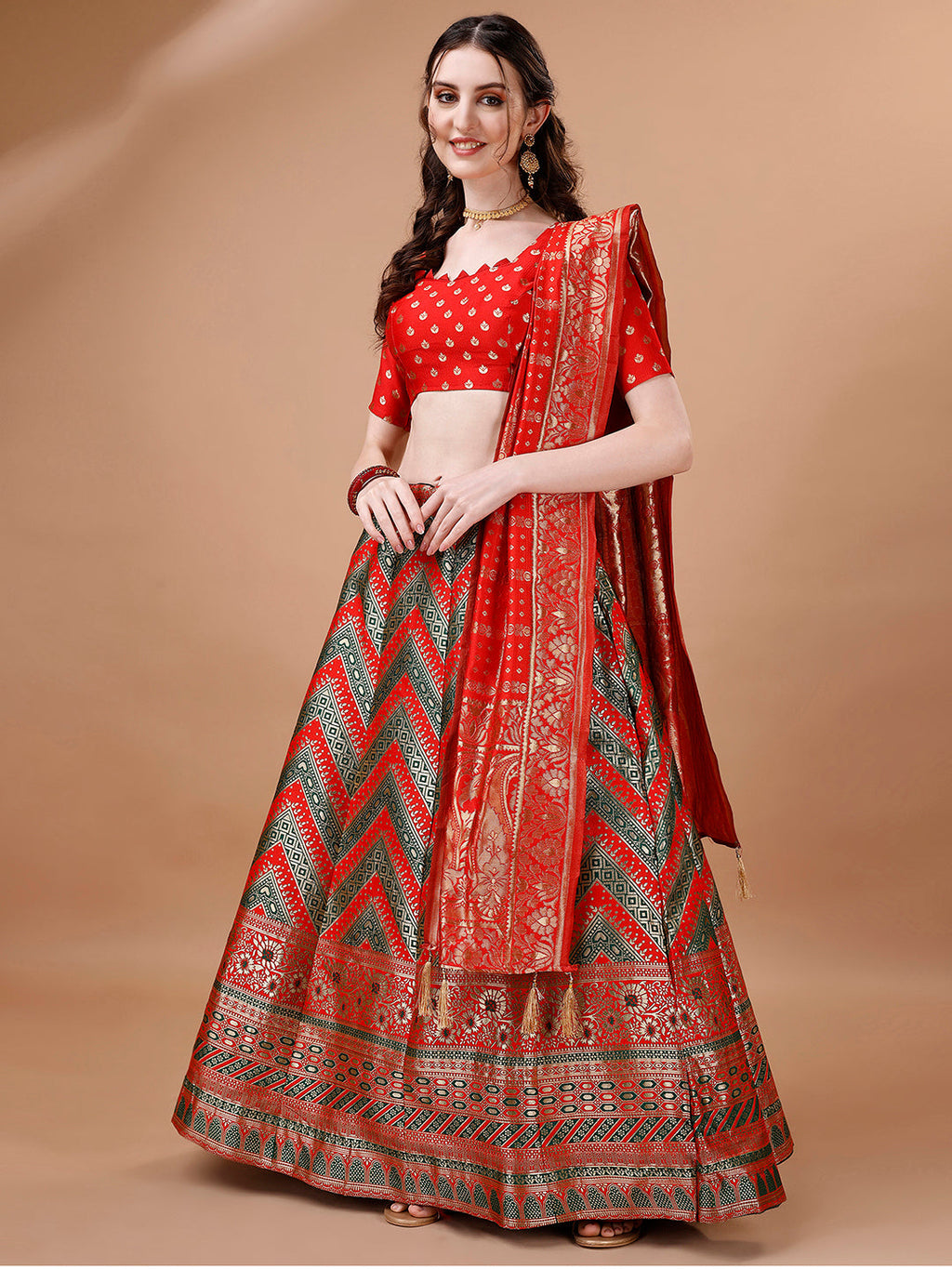 Lorenvalley Fashion Green & Red Semi-Stitched Lehenga & Unstitched Blouse With Dupatta | Grocsy