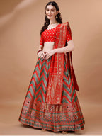 Lorenvalley Fashion Green & Red Semi-Stitched Lehenga & Unstitched Blouse With Dupatta | Grocsy