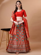 Lorenvalley Fashion Green & Red Semi-Stitched Lehenga & Unstitched Blouse With Dupatta | Grocsy
