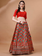 Lorenvalley Fashion Green & Red Semi-Stitched Lehenga & Unstitched Blouse With Dupatta | Grocsy