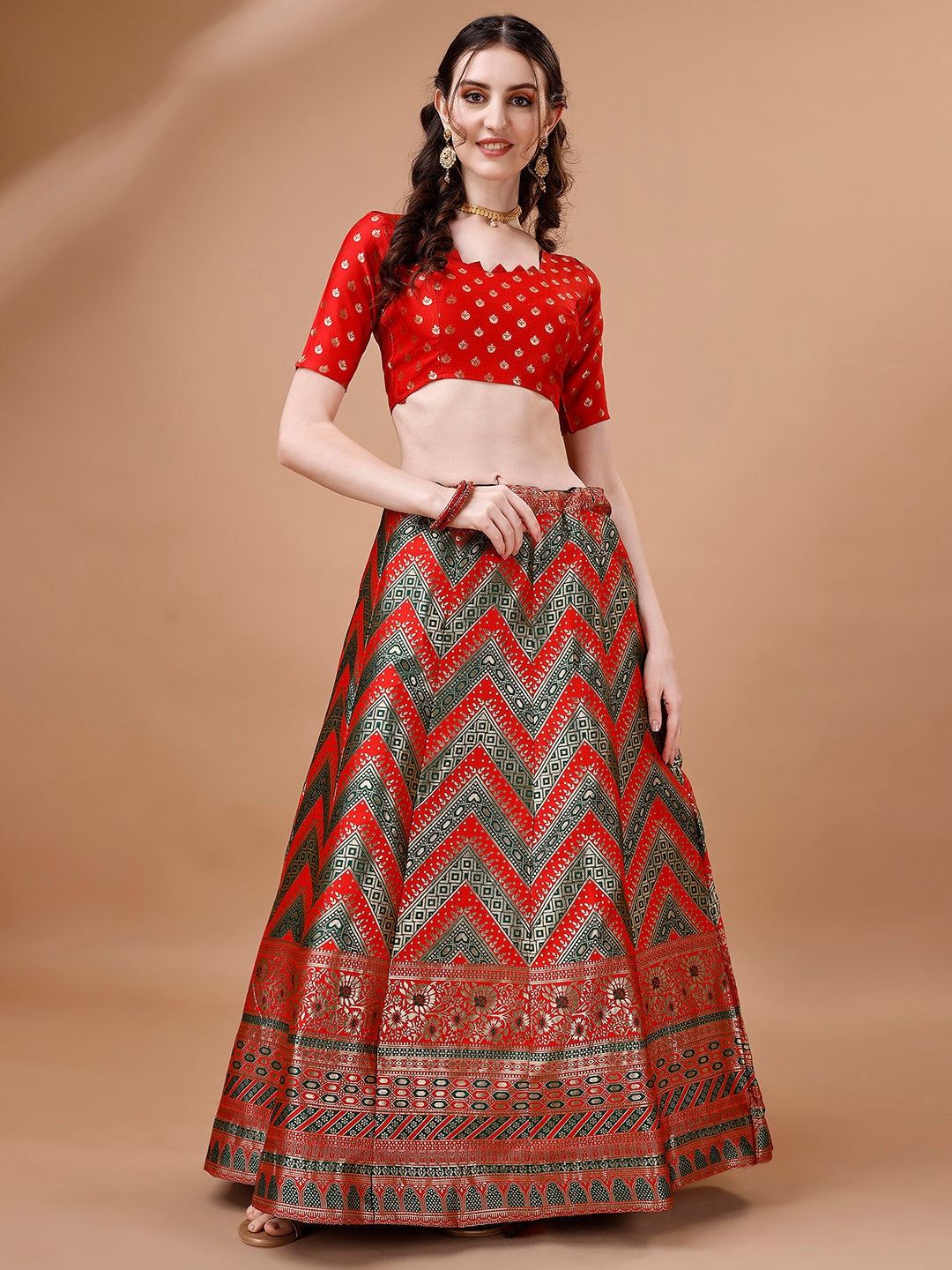Lorenvalley Fashion Green & Red Semi-Stitched Lehenga & Unstitched Blouse With Dupatta | Grocsy