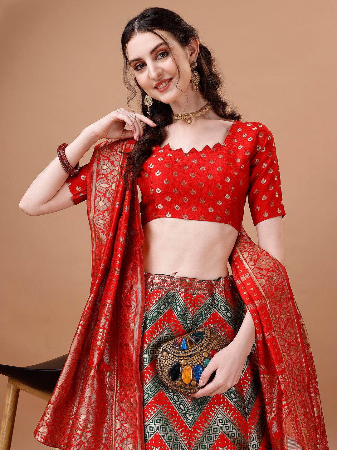 Lorenvalley Fashion Green & Red Semi-Stitched Lehenga & Unstitched Blouse With Dupatta | Grocsy