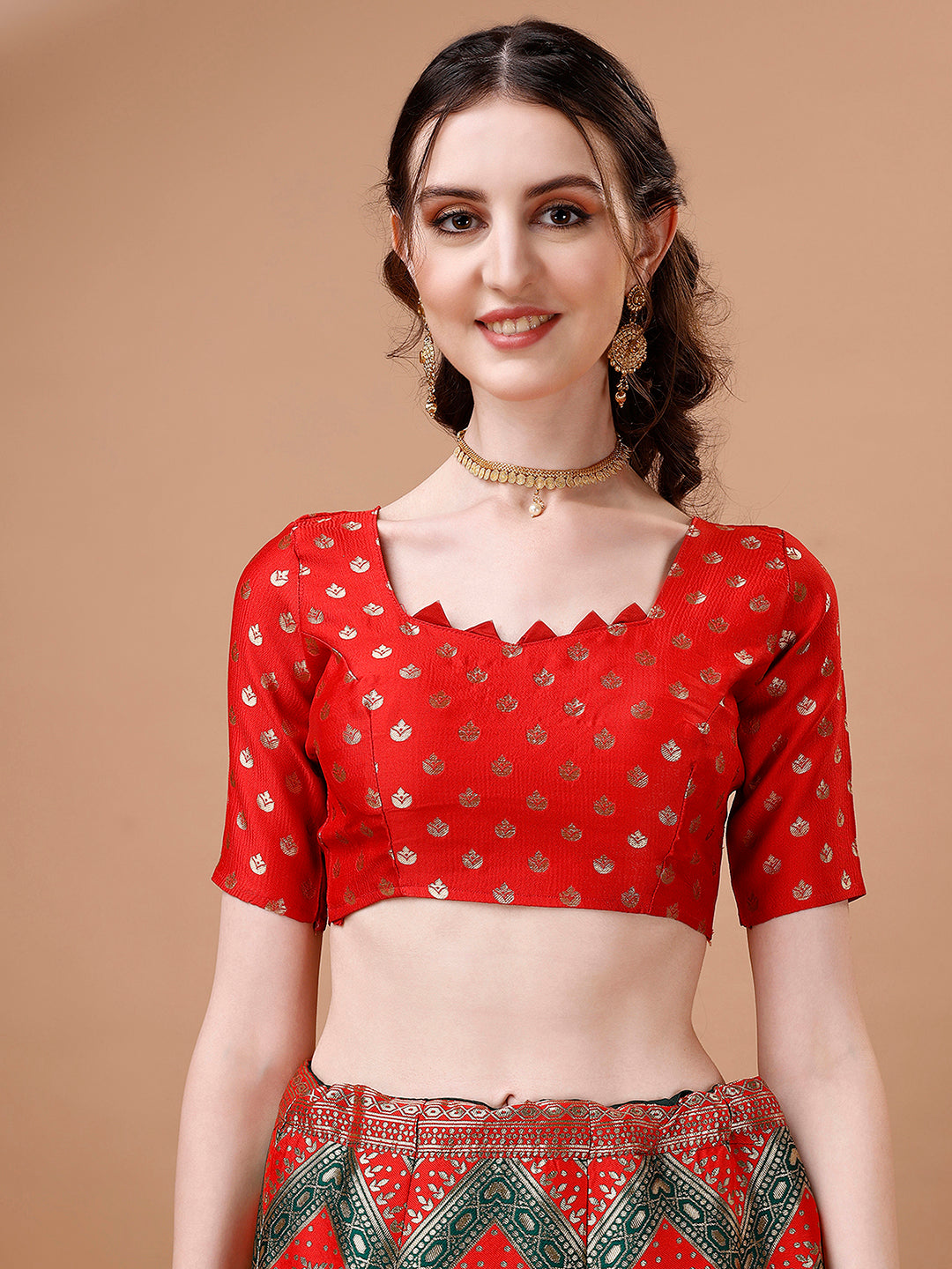 Lorenvalley Fashion Green & Red Semi-Stitched Lehenga & Unstitched Blouse With Dupatta | Grocsy