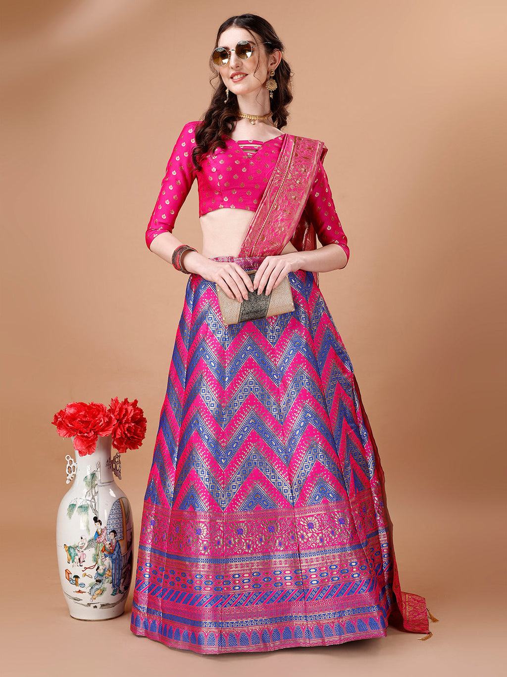 Lorenvalley Fashion Purple & Pink Semi-Stitched Lehenga & Unstitched Blouse With Dupatta | Grocsy