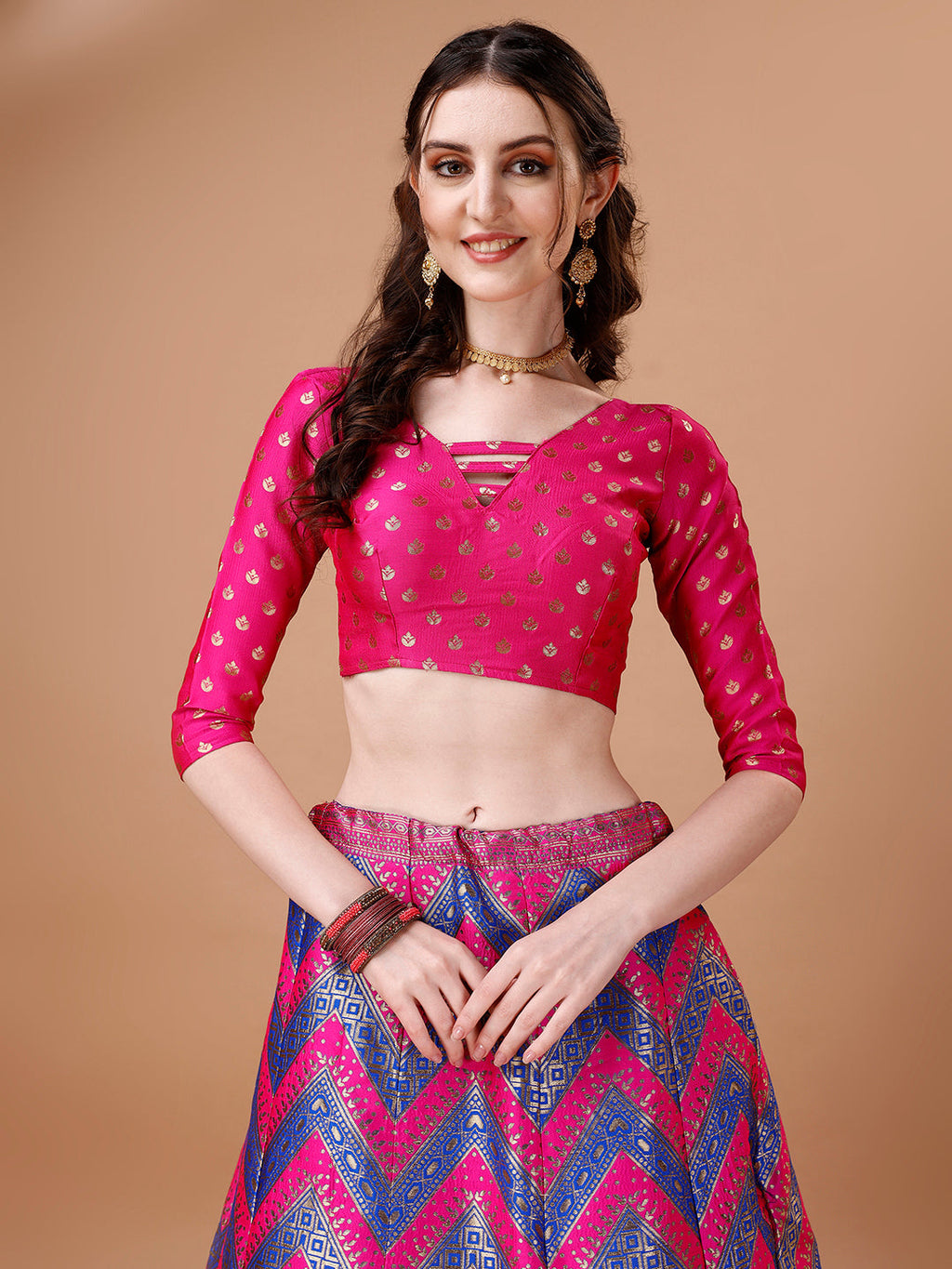 Lorenvalley Fashion Purple & Pink Semi-Stitched Lehenga & Unstitched Blouse With Dupatta | Grocsy