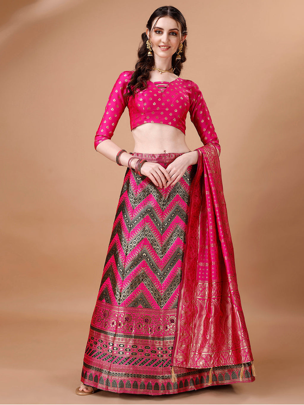 Lorenvalley Fashion Black & Pink Semi-Stitched Lehenga & Unstitched Blouse With Dupatta | Grocsy