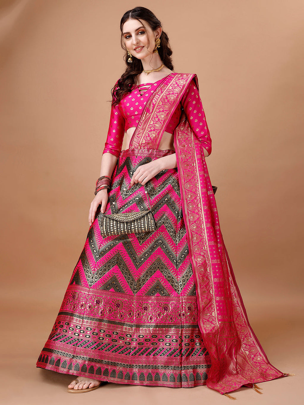 Lorenvalley Fashion Black & Pink Semi-Stitched Lehenga & Unstitched Blouse With Dupatta | Grocsy