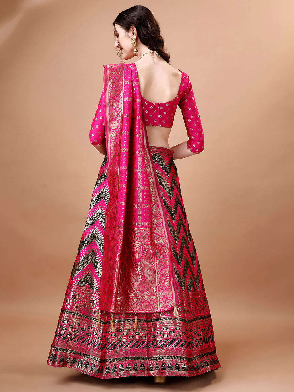 Lorenvalley Fashion Black & Pink Semi-Stitched Lehenga & Unstitched Blouse With Dupatta | Grocsy