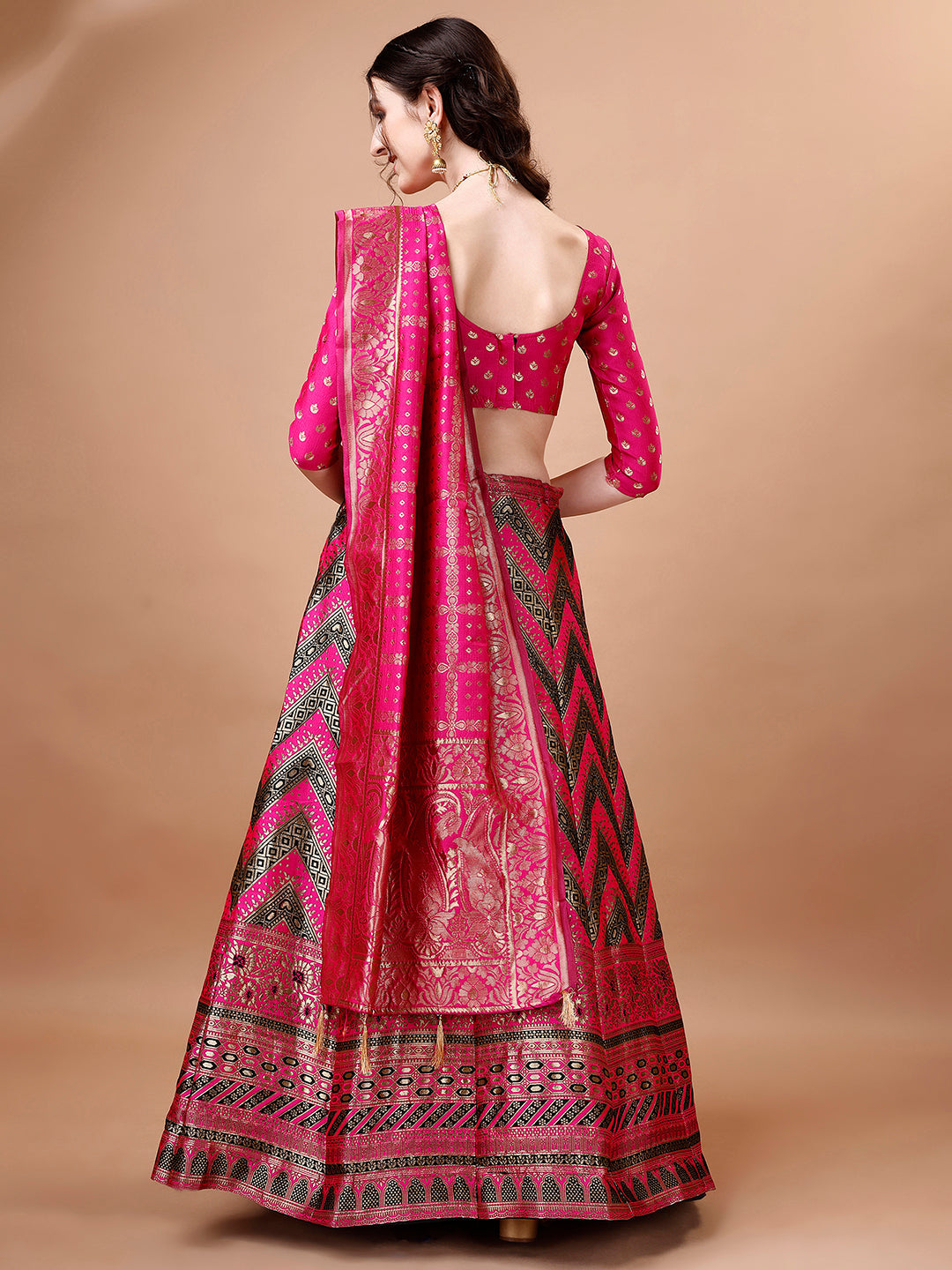 Lorenvalley Fashion Black & Pink Semi-Stitched Lehenga & Unstitched Blouse With Dupatta | Grocsy