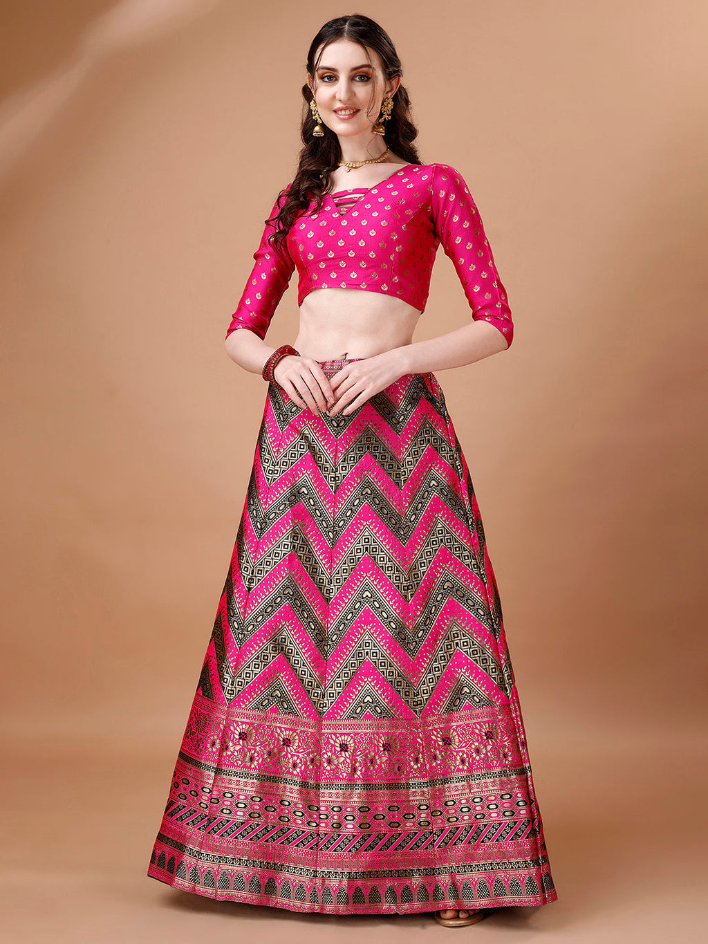 Lorenvalley Fashion Black & Pink Semi-Stitched Lehenga & Unstitched Blouse With Dupatta | Grocsy