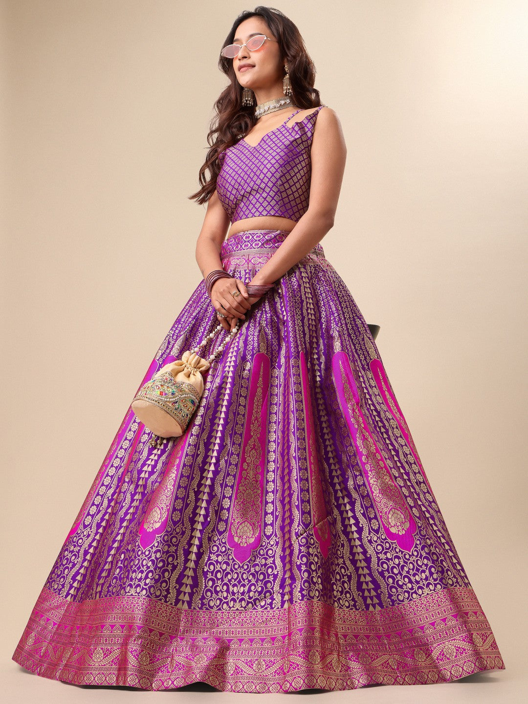 Lorenvalley Fashion Purple Ready to Wear Lehenga & Unstitched Blouse With Dupatta | Grocsy