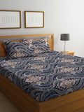 KLOTTHE Blue & Brown Ethnic Motif Printed 300 TC Fitted King Bedsheet With 2 Pillow Covers | Grocsy