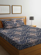 KLOTTHE Blue & Brown Ethnic Motif Printed 300 TC Fitted King Bedsheet With 2 Pillow Covers | Grocsy