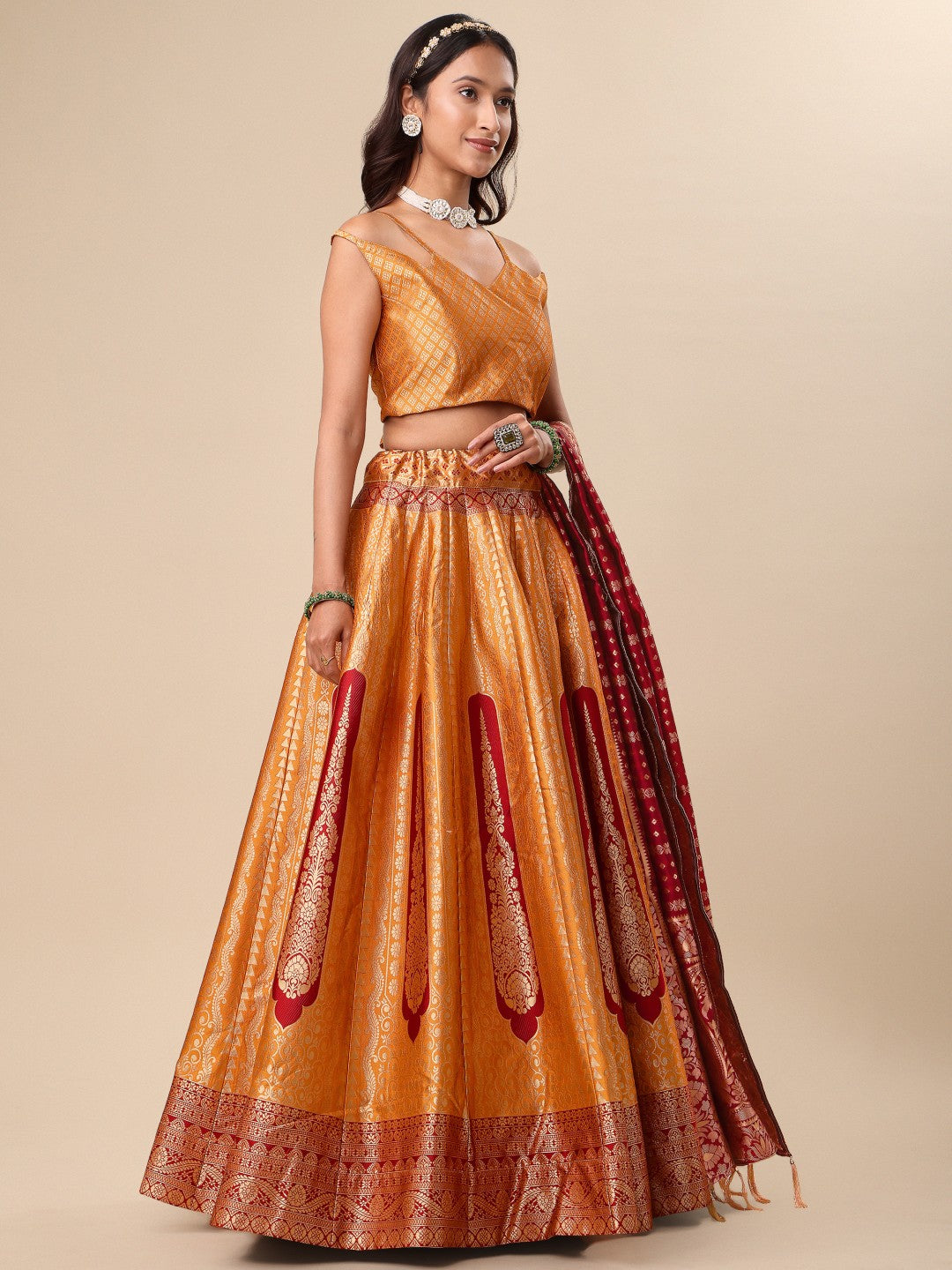 Lorenvalley Fashion Orange Ready to Wear Lehenga & Unstitched Blouse With Dupatta | Grocsy