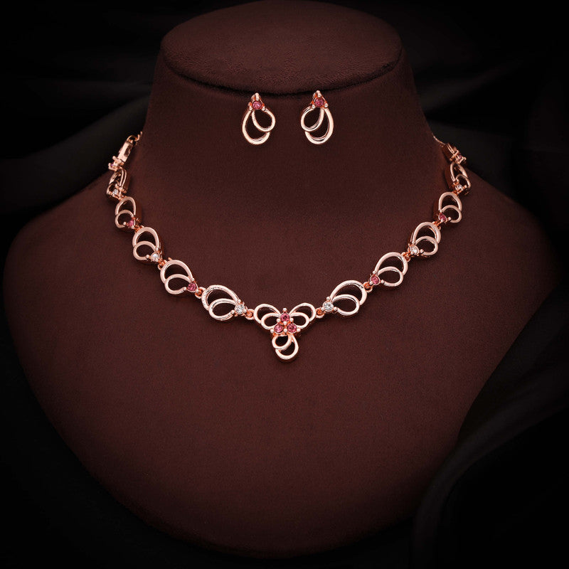 Tehzeeb Creationss Gold-Polished Choker Pink Stone Necklace With Stud Earrings | Grocsy
