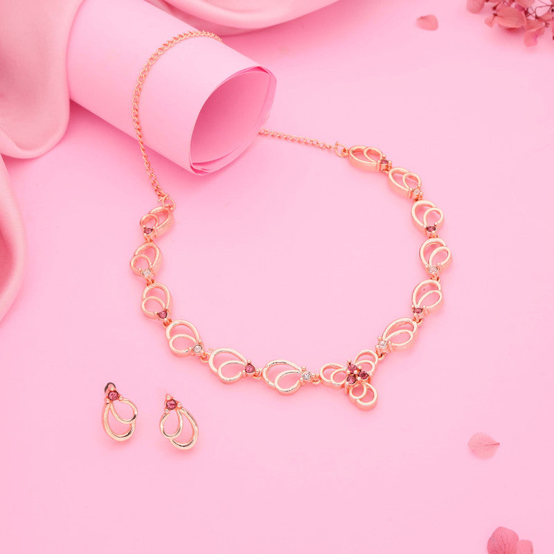 Tehzeeb Creationss Gold-Polished Choker Pink Stone Necklace With Stud Earrings | Grocsy