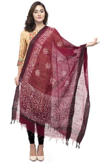 A R Silk Women's Cotton Batik Print Mehroon Regular Dupatta | Grocsy