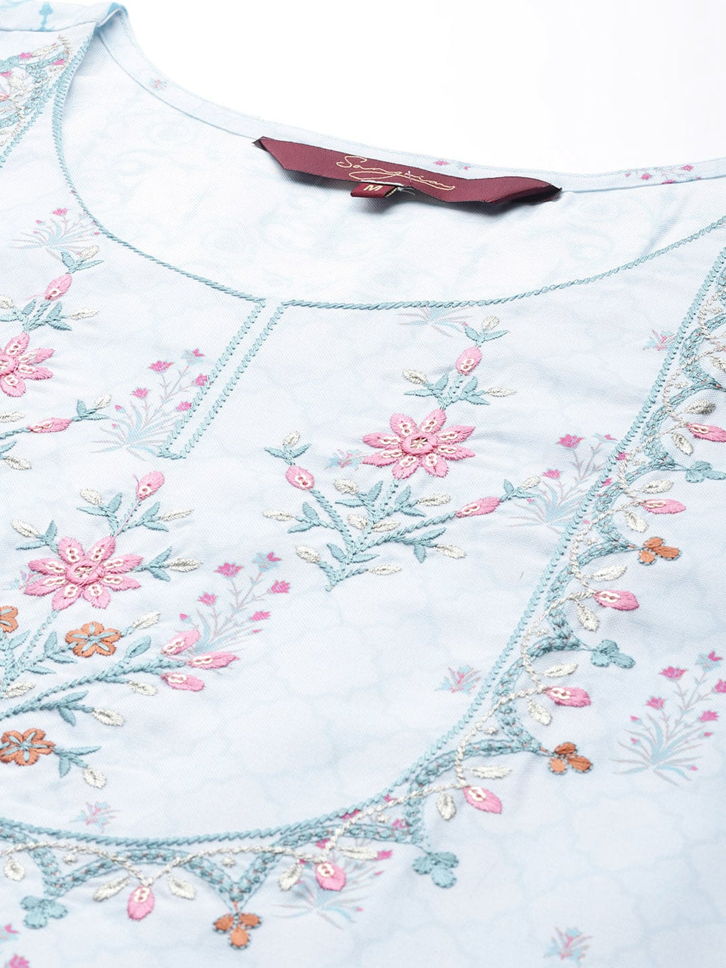 Sangria Women Turquoise Blue Floral Embroidered Kurta | Grocsy