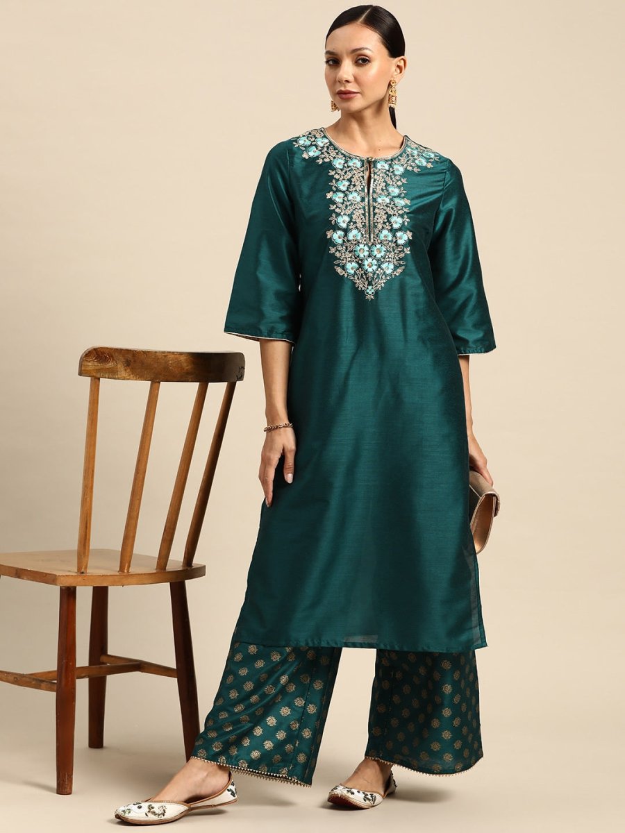 All About You Ethnic Motifs Embroidered Yoke Design Regular Sequinned Kurta with Palazzos | Grocsy