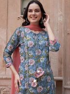 Sangria Blue Floral Printed Gotta Patti Pure Cotton Kurta with Trousers & Dupatta | Grocsy