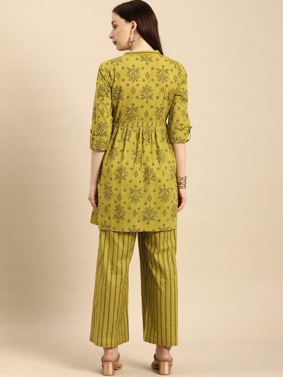 All About You Women Green Printed Pure Cotton Kurti with Palazzos | Grocsy