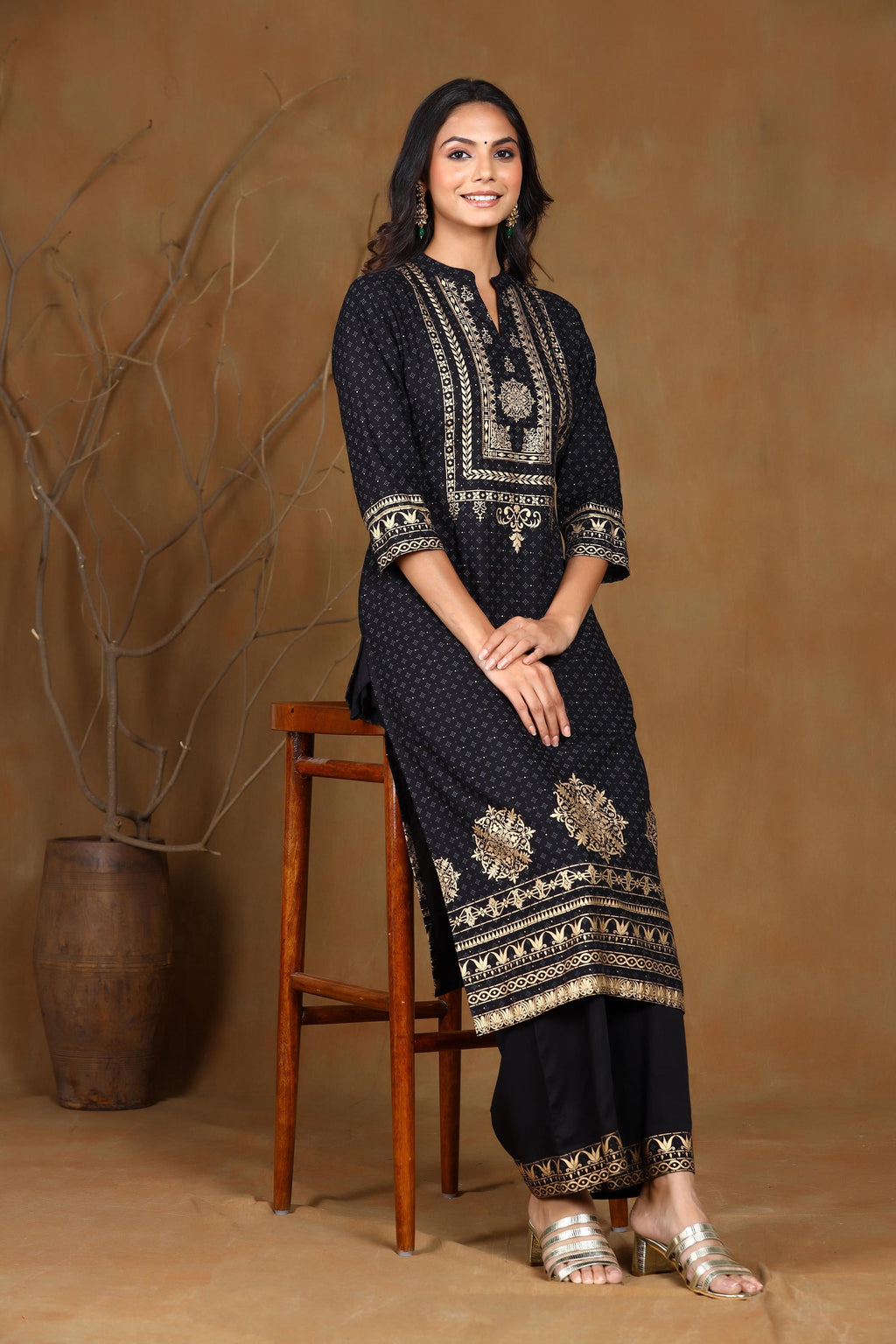 Juniper Women's Black Rayon Gold Foil Print Straight Kurta | Grocsy