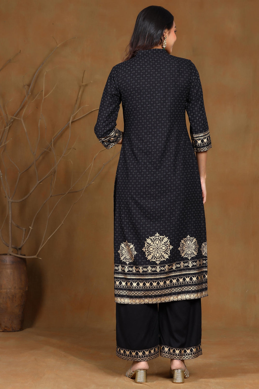 Juniper Women's Black Rayon Gold Foil Print Straight Kurta | Grocsy