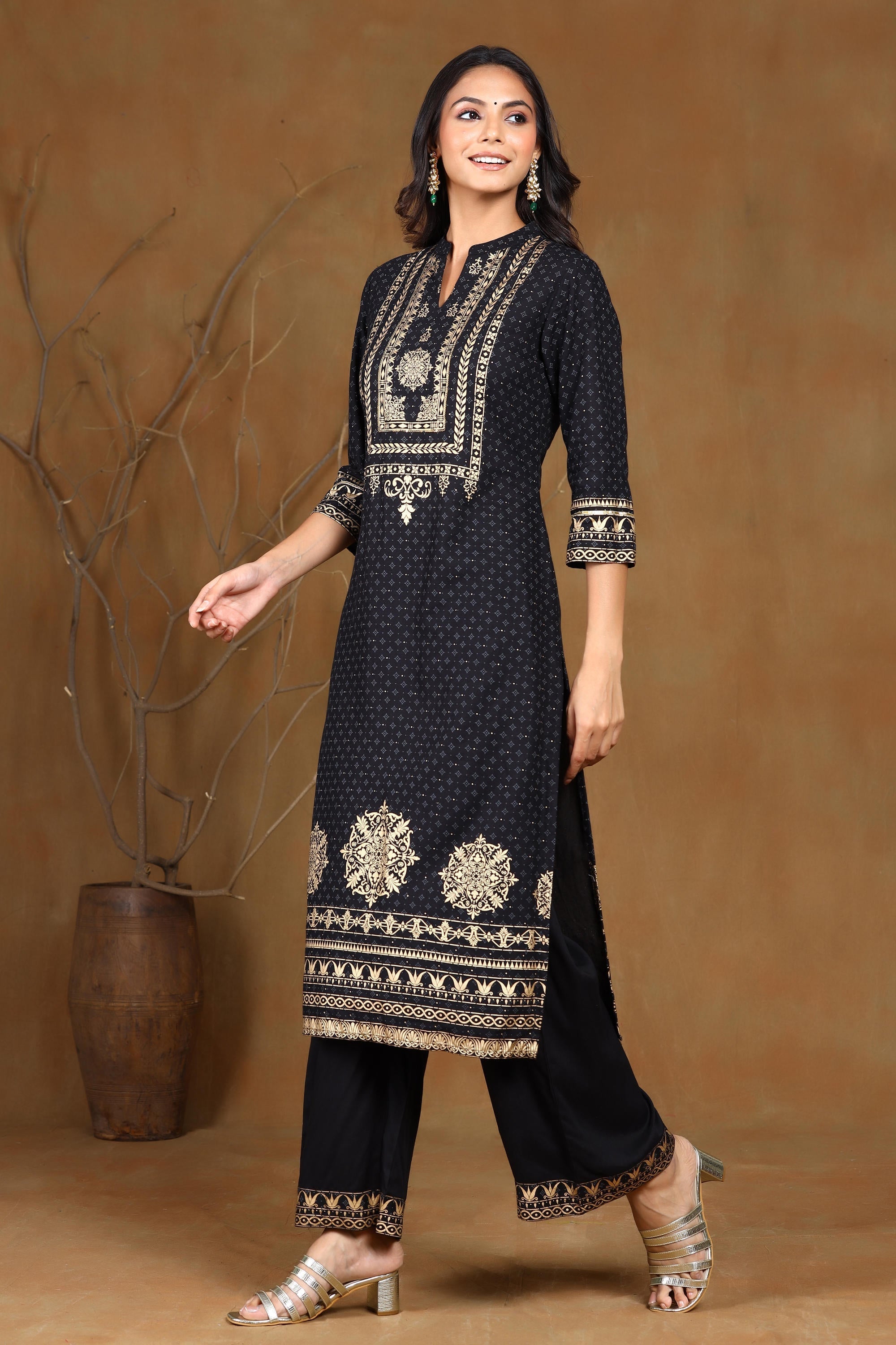 Juniper Women's Black Rayon Gold Foil Print Straight Kurta | Grocsy