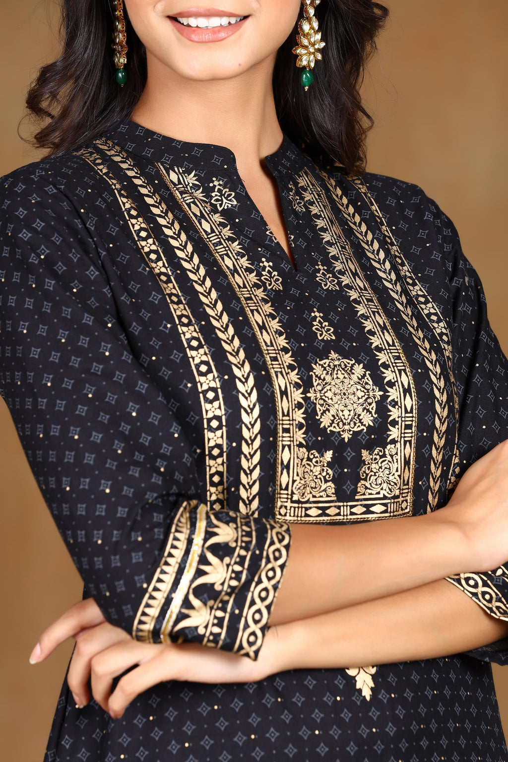 Juniper Women's Black Rayon Gold Foil Print Straight Kurta | Grocsy