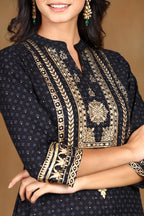 Juniper Women's Black Rayon Gold Foil Print Straight Kurta | Grocsy