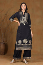 Juniper Women's Black Rayon Gold Foil Print Straight Kurta | Grocsy