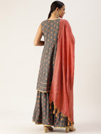 HERE&NOW Women Grey & Peach-Colored Floral Printed Kurta With Sharara With Dupatta | Grocsy