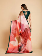 Sangria Peach-Coloured & Blue Satin Ready to Wear Saree | Grocsy