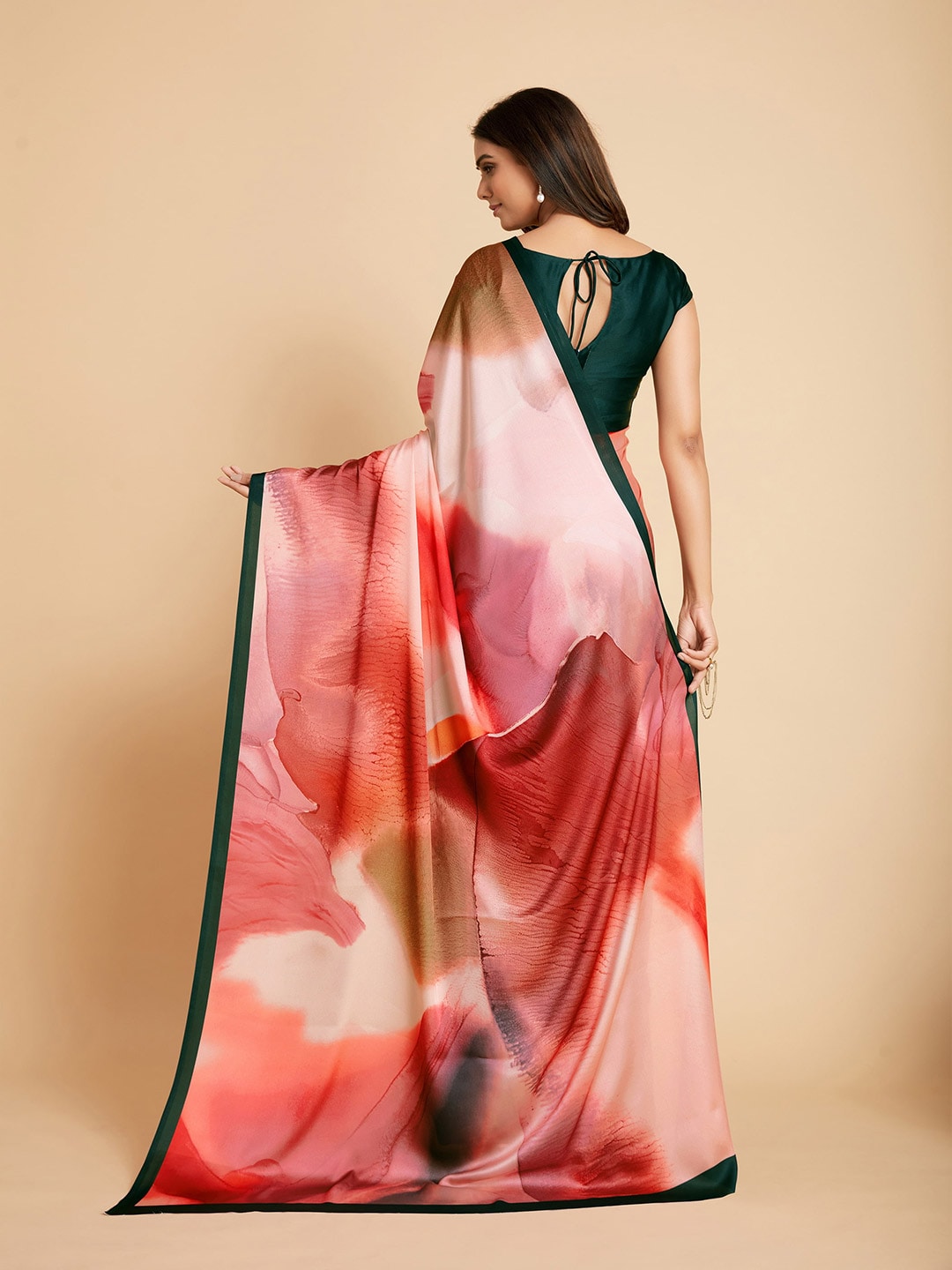 Sangria Peach-Coloured & Blue Satin Ready to Wear Saree | Grocsy