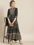 Juniper Womens Dark Blue Foil Printed Circular Maxi Dress With Yoke Embroidery | Grocsy