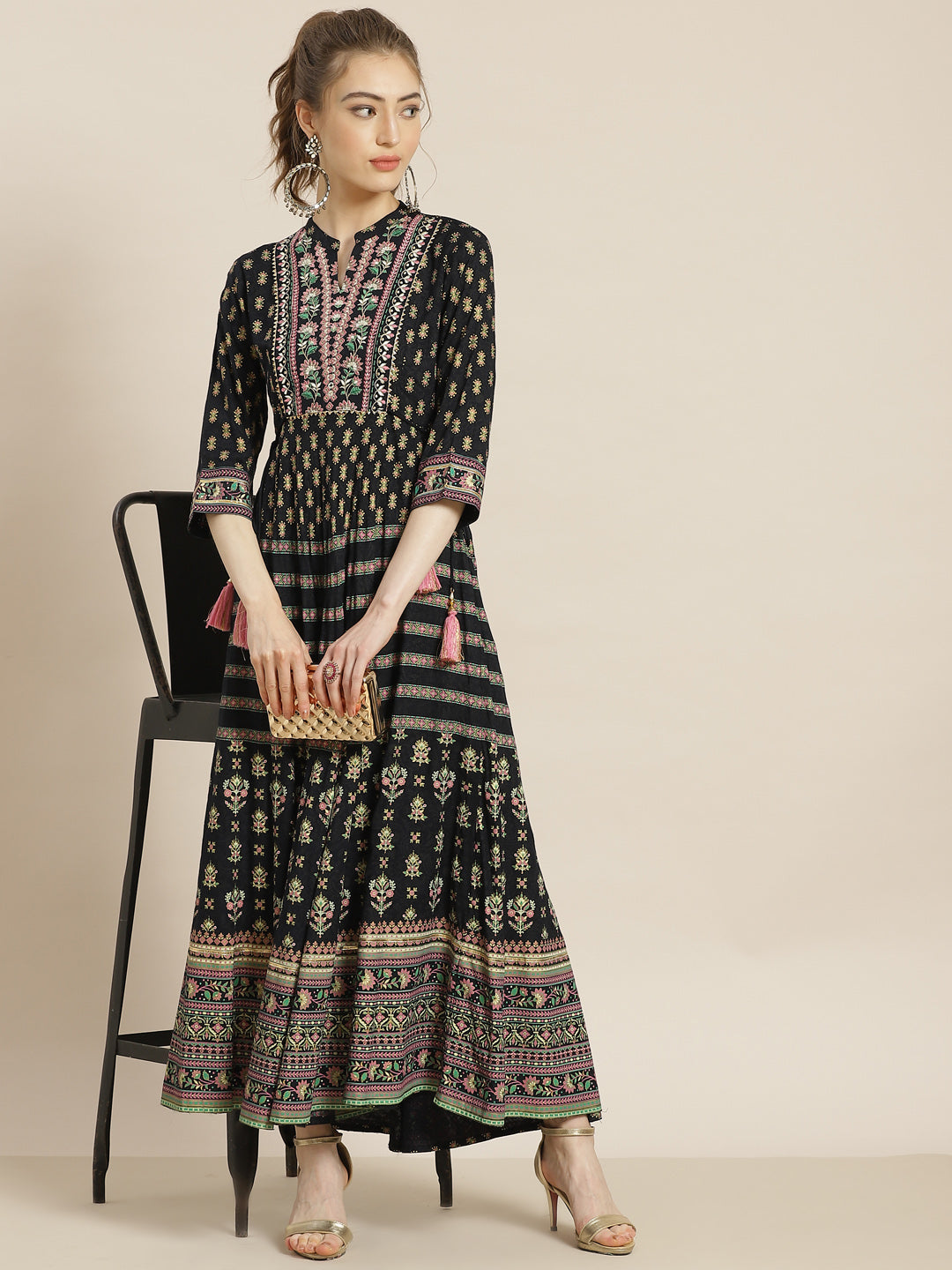 Juniper Womens Dark Blue Foil Printed Circular Maxi Dress With Yoke Embroidery | Grocsy