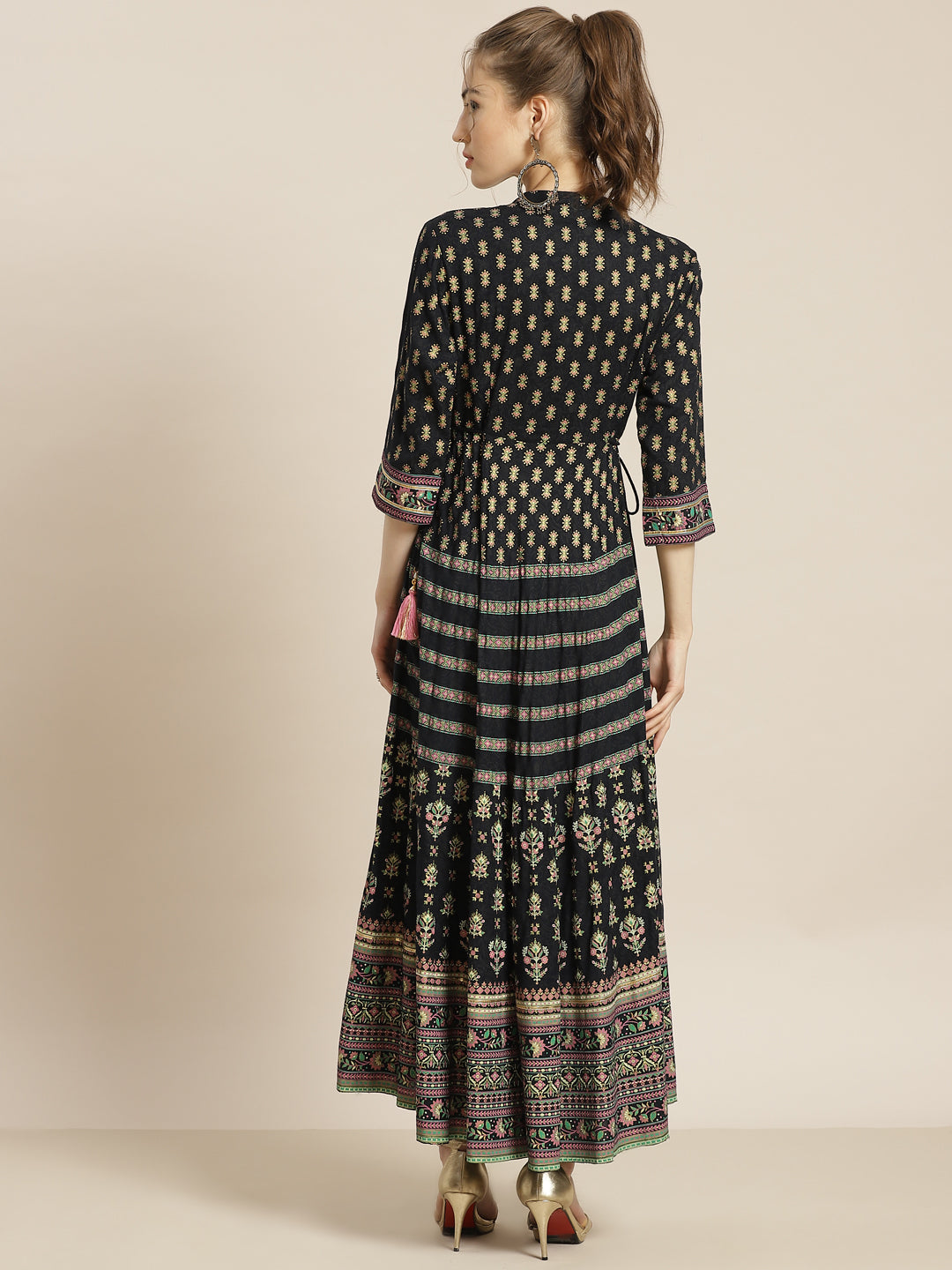 Juniper Womens Dark Blue Foil Printed Circular Maxi Dress With Yoke Embroidery | Grocsy